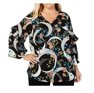 Alfani Black Floral Ruffle Sleeve Blouse 3X